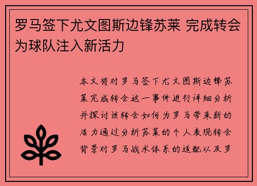 罗马签下尤文图斯边锋苏莱 完成转会为球队注入新活力