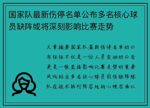 国家队最新伤停名单公布多名核心球员缺阵或将深刻影响比赛走势